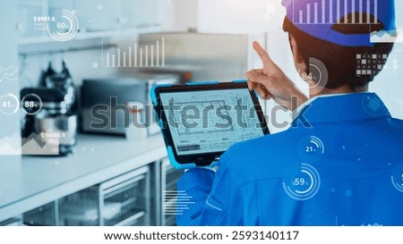 Statistics concept with worker inspecting with tablet