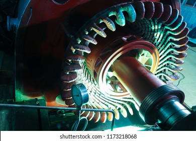Stator generators of a big electric motor in the coal fired power plant factory manufacturing.