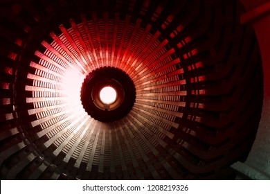 Stator Generators Of A Big Electric Motor In The Coal Fired Power Factory Manufacturing Plant With Copy Space For Text.