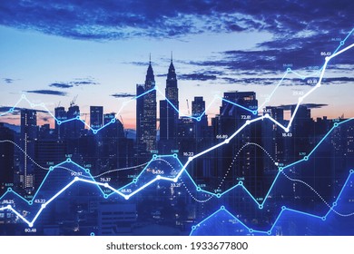 Stats data network concept with glowing digital graphs and numbers on abstract night city background. Double exposure