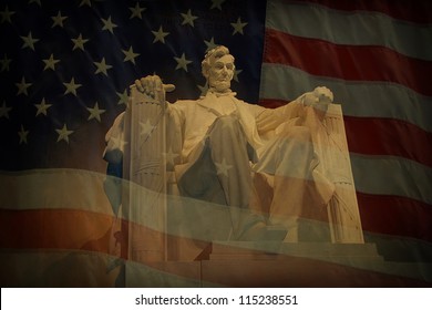 Statue of Abraham Lincoln at the Lincoln Memorial with superimposed American flag and grunge texture.