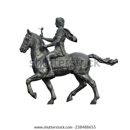 Statue of Alexander The Great Riding on His Horse Isolated on White Background
