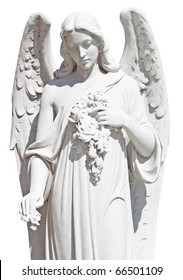 Statue Of An Angel With Flowers Isolated On White With Clipping Path