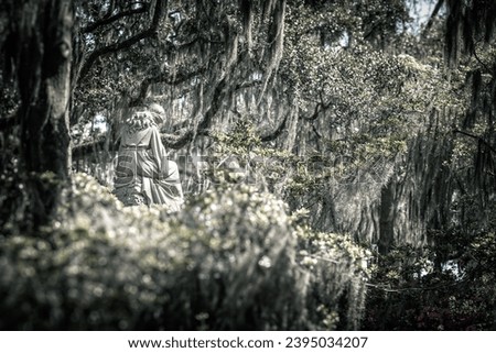 Statue of an angel under trees with spanish moss on a cemetry in South Carolina