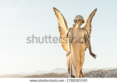 statue of angel with wings against light sky at cemetery. Closing stoned angel in an old cemetery.. Graveyard old weathered stone sad angel sculpture on funeral. copy space text.