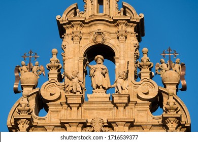 Statue of apostle Saint James. Cathedral of Santiago de Compostela, Spain. Obradeiro square in Santiago de Compostela The ending point of ancient pilgrim routes, Camino de Santiago or Way of St. James