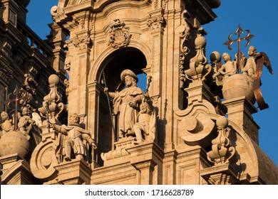 Statue of apostle Saint James. Cathedral of Santiago de Compostela, Spain. Obradeiro square in Santiago de Compostela The ending point of ancient pilgrim routes, Camino de Santiago or Way of St. James