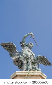 A Statue Of Archangel Michael Putting His Sword Back Into Its Sheath, As A Sign That The Plague Is Over, In Rome On The Fortress Of St Angel