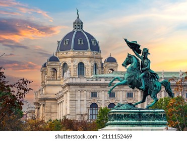 Statue of Archduke Charles and Museum of Natural History dome, Vienna, Austria - Shutterstock ID 2111152469