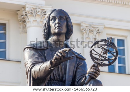 The Statue of astronomer Nicolaus Copernicus in Warsaw Poland, who who formulated a model of the universe that placed the Sun rather than the Earth at the center of the universe.
