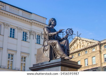 The Statue of astronomer Nicolaus Copernicus in Warsaw Poland, who who formulated a model of the universe that placed the Sun rather than the Earth at the center of the universe.