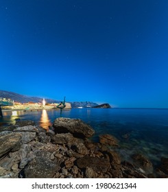 Statue Of A Ballerina On The Beach In Budva, Montenegro. Night P