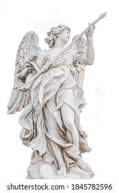 Statue of a beautiful holy angel with wings holding a war spear at the Saint Angel bridge (Ponte Sant Angelo), isolated at white background, Rome, Italy