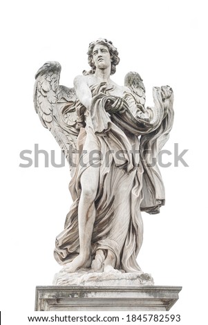 Statue of a beautiful holy angel with wings holding tissue at the Saint Angel bridge (Ponte Sant Angelo), isolated at white background, Rome, Italy
