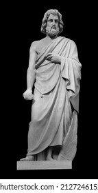 Statue Of The Biblical Inventor Daedalus. Ancient Sculpture Isolated On Black Background. Classic Antiquity Man Portrait