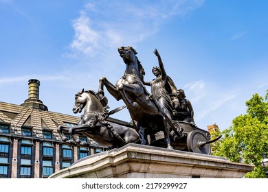 The statue of Boadicea (or Boudicca) and Her Daughters, queen of the British Iceni tribe, by sculptor Thomas Thornycroft, erected on the Victoria Embankment next to Westminster Bridge, London, UK