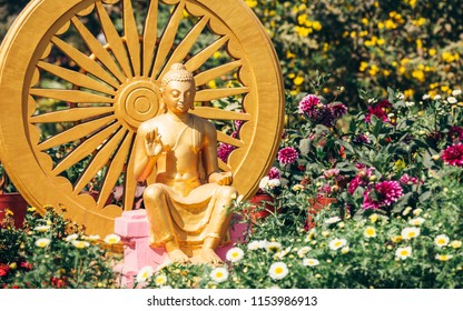 Statue Of Buddha And Dharmacakra In The Garden, Sarnath