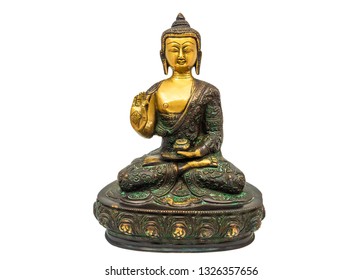Statue of Buddha sitting in meditation with one hand blessing on white background
