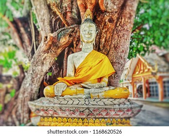 Statue buddha under the trees.