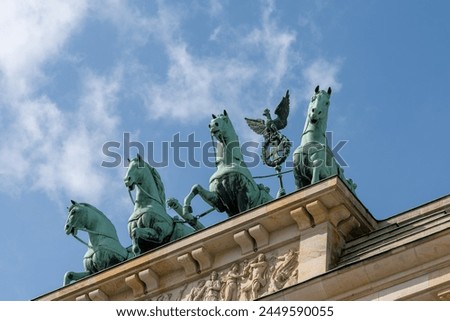 Statue of cavalry located on the Brandenburg Gate. Brandenburg Gate close-up.