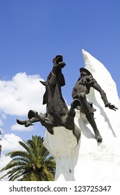 Statue Of Don Quixote De La Mancha And Rocinante, Of Miguel De Cervantes, On Avenida 9 De Julio In Buenos Aires, Argentina.