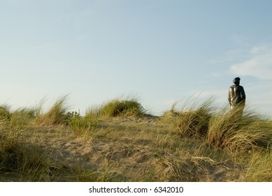 a statue at the dunes looking at the beach