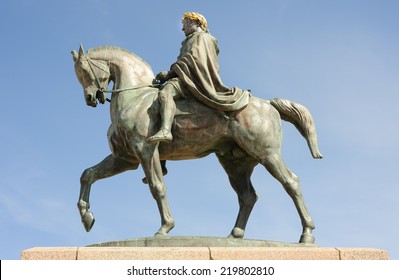 Statue of the Emperor Napoleon Bonaparte on horseback at his birthplace, Ajjacio, Corsica. He wears a wreath, suggesting honor and military success.