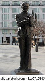 Statue Of The Famous Poet, Federico García Lorca With A Pigeon On Saint Anne Square (Plaza De Santa Ana) In Madrid, Spain, Europe. Old Town Neighborhood In The True Inner City Of Madrid.