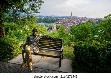 Statue Of Famous Scientist Albert Einstein On Rose Garden. Bern, Switzerland - June 2022