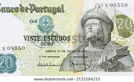 Statue of Garcia de Orta by Martins Correia at the Institute of Hygiene and Tropical Medicine, Lisbon, Portrait from Portugal 20 Escudos 1971 Banknotes.