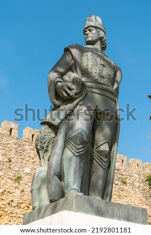 Statue of Gil Eanes next to the wall of the castle of Lagos, Algarve, Portugal.
