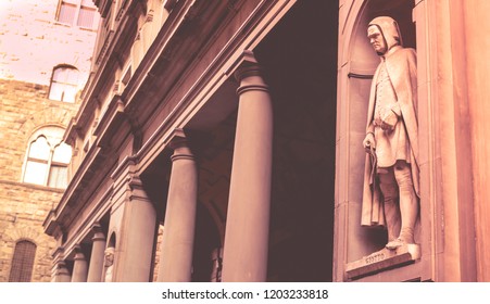 The Statue Of Giotto Outside The Uffizi Colonnade In Florence. Sculpted By Giovanni Dupre, 1845