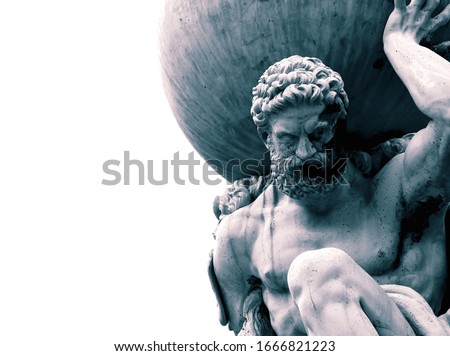 Statue of the Greek God Atlas holding the globe on his shoulders.  With colour toning
