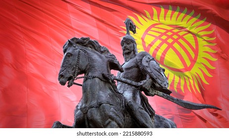 Statue of the hero Manas representing the epic of Manas and the flag of Kyrgyzstan on Alatau Square in Bishkek KYRGYZSTAN