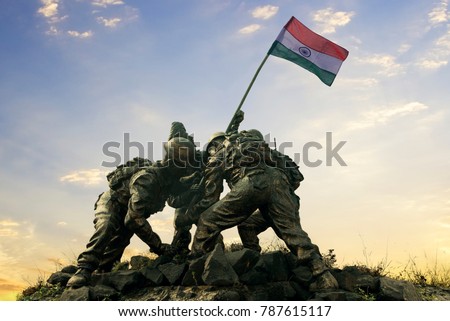 Statue of Indian soldiers planting the national flag, Happy independence day of India.  