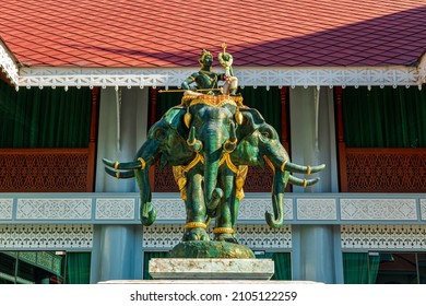 Statue of Indra on the Erawan elephant, Thewarat Kunchorn Worawihan Temple Bangkok, Thailand-January 12, 2022
