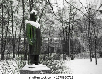 Statue Of Johan Halvorsen Covered In Snow.