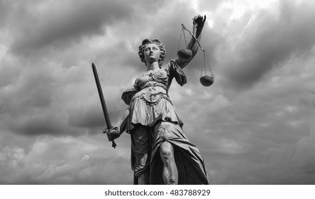 Statue of justice goddess (Justitia), Black and white 