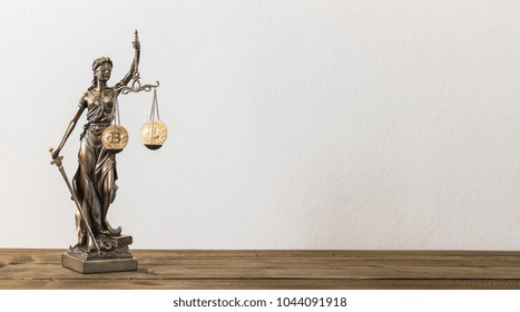 The Statue Of Justice- Lady Justice Or Iustitia With Bitcoin Digital Cryptocurrency, Including Copy Space