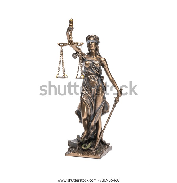 The Statue of Justice - lady justice or\
Iustitia isolated on white\
background