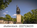 Statue of king Alfred the Great in the medieval town of Winchester in Wessex, England.