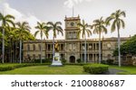 Statue of King Kamehameha in downtown Honolulu, Hawaii in front of King Kamehameha V Judiciary History Center. The statue had its origins in 1878