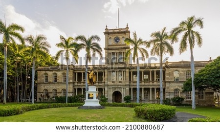 Statue of King Kamehameha in downtown Honolulu, Hawaii in front of King Kamehameha V Judiciary History Center. The statue had its origins in 1878