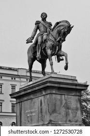 Statue Of King Karl Johan In Front Of Royal Palace In Oslo. The Royal House Of Norway. Official Residence Of Norwegian Monarch. Black White Photography. Norway, Oslo – November 4, 2017 