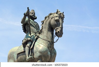 Statue Of King Philip III On Plaza Major In Madrid; Capital Of Spain; Europe