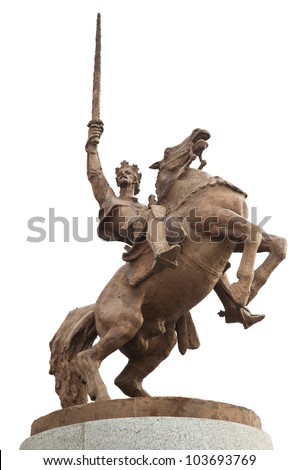 Statue of king Svatopluk in front of Bratislava castle, vertical photo with white sky