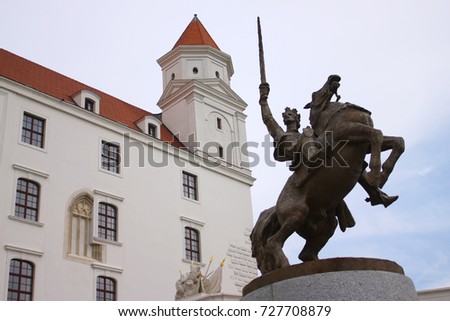 The Statue of King Svatopluk in front of the Bratislava Castle Slovakia