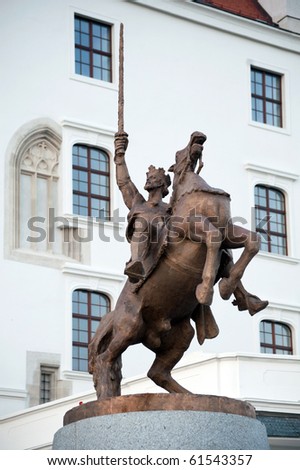 Statue of king Svatopluk in front of renewed Bratislava castle, Slovakia