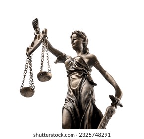 Statue of Lady Justice isolated on white, low angle view. Symbol of fair treatment under law