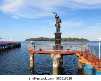 Statue Of Late Rajiv Gandhi (Youngest Indian Prime Minister From 1984 To 1989) At Water Sports Complex With Ross Island In The Background, Port Blair, Andaman And Nicobar Islands, India, Asia.